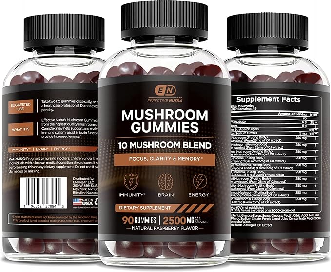 Mushroom Gummies 10 Blend - Mushroom Complex 2500mg - Brain Booster, Immune Support, Energy - Mushroom Supplement for Men & Women (90ct)