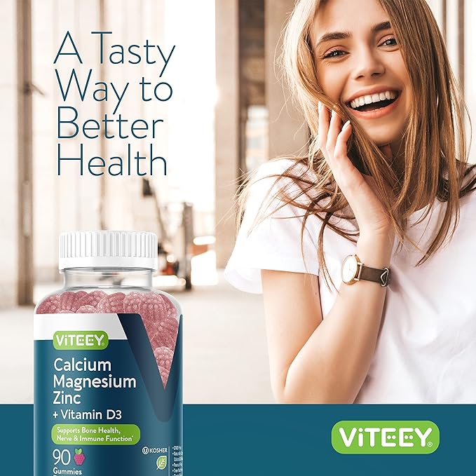 Calcium Magnesium Zinc Gummies with Vitamin D3 - Supports Bone Health, Nerve & Immune Function - Calcium Magnesium Zinc D3 Supplement for Adults & Teens - GMO Free - Chewable Raspberry Flavored Gummy