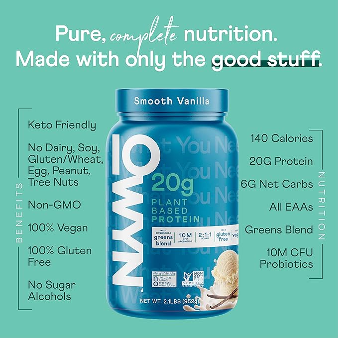 OWYN Only What You Need Plant Based Protein Powder with 20g Protein, Probiotics, Superfoods Greens, Pea, Chia and Pumpkin Seed Blend, Vegan, (Smooth Vanilla, 2.1 Pound - Pack of 1)