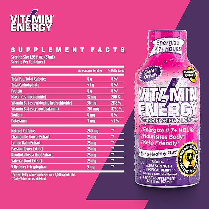 Mood Support Vitamin Energy Drink - Sugar Free, Keto/Vegan Friendly Shots | Mood Balancing with Rhodiola and Chamomile | Energize up to 7+ Hours | Tropical Berry - 1.93 Fl Oz - Pack Of 24