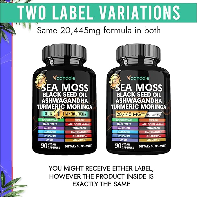 Sea Moss Black Seed Oil Ashwagandha Ginger Capsules. Sea Moss Capsules with Black Seed Oil, Ashwagandha, Turmeric, Moringa, Bladderwrack, Burdock Root, Manuka Honey, Cinnamon. 18-in-1 20’445 mg/Serv