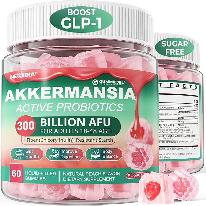 Akkermansia Probiotics Gummies with Prebiotics Fiber, 300 Billion AFU Akkermansia Muciniphila, with Polyphenol Fruits, Resistant Starch, Vitamin A D3 B2 for Metabolism, Digestive & Gut Health, 1Pack