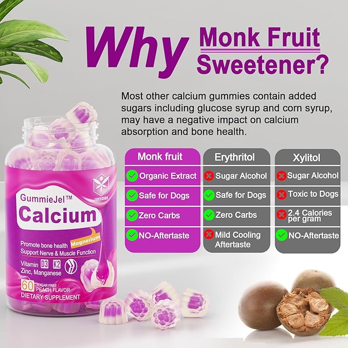 Sugar-Free Calcium Citrate Gummies 1000mg, Vitamin D3 K2, Magnesium, Zinc, Boron, Manganese, Copper for Bone, Muscle & Immune, Ultimate Absorption Calcium Supplements for Women & Men - Vegan, 60 Count