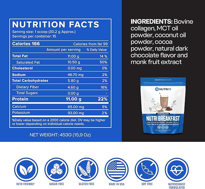 NutriBreakfast by Nutrillermo/Keto Protein Chocolate Collagen Powder with MCT Oil/MCT Oil Powder with Collagen/Keto Collagen Peptides Powder with Grass-Fed Bovine Collagen Type I & III-15 Servings
