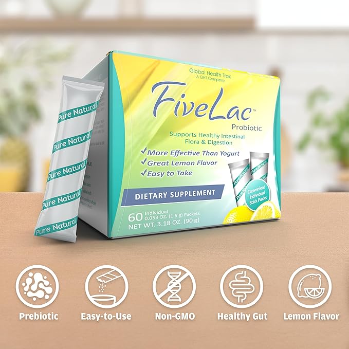 GHT - FiveLac Lemon Probiotic Powder Drink Mix, Probiotics for Women, Men, and Kids - Smooth Digestive Support and Elimination - Relieves Occasional Constipation and Gas - 60 Packets (2 Pack) Non-GMO