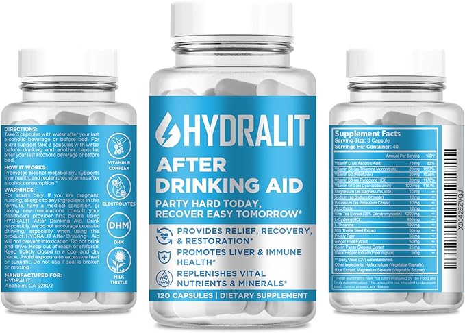 After Drinking Aid Supplement Pre Game Party Pills Electrolytes Hydration DHM Milk Thistle Weekend Recovery Vitamins Relief Formula Better Mornings Alcohol Liver Health Support 120 Capsules
