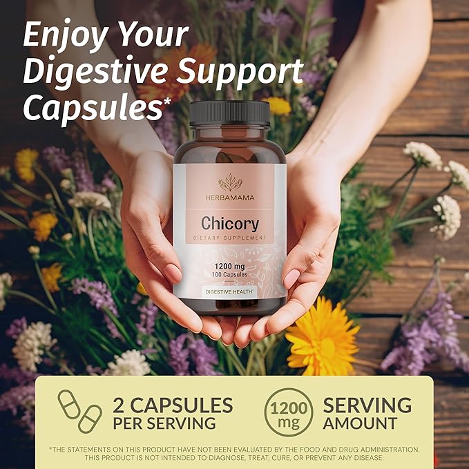 HERBAMAMA Chicory Inulin Capsules - 1200 mg Chicory Root for Digestive Health - Inulin Prebiotic Fiber Gut Health Supplement - Vegan, Non-GMO - 100 Caps
