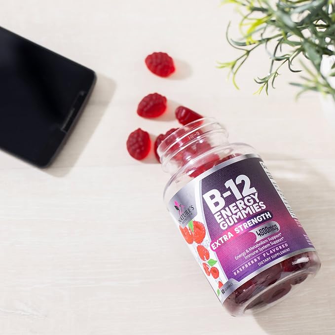Vitamin B12 Energy Gummies - Extra Strength 4500mcg Chewable for Energy & Nervous System Health Support, B-12 Complex Gummy Vitamin for Women, Men, Kids - Non-GMO, Vegan, Berry Flavor - 60 Gummies