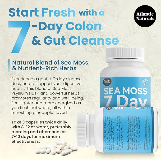Atlantic Naturals - Sea Moss 7-Day Cleanse Colon & Gut Detox Capsule - Juice Cleanse Support with Psyllium Husk Senna Powder - Body Cleanse and Detox for Women & Men - 180 Sea Moss Capsules