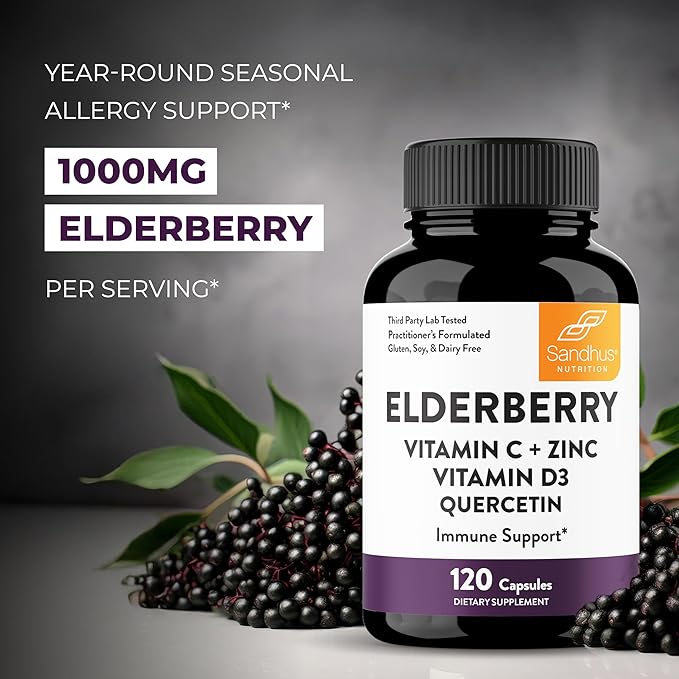 Elderberry Vitamin C and Zinc 120 Capsules | with Quercetin and Vitamin D3 | Immune Support for Adults | Herbal Supplement for Men and Women | 2 Months Supply | Natural Immunity Booster