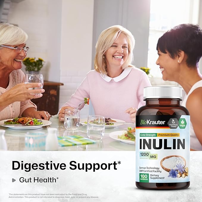 BIO KRAUTER Inulin Powder Capsules - 1200 mg Strength - 100 Count - Fiber Supplement - Chicory Root Fiber Capsules for Digestive Support - Pure Soluble Fiber Supplements - Vegan Inulin Capsules