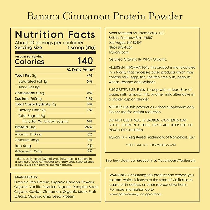 Truvani Vegan Pea Protein Powder | Banana Cinnamon | 20g Organic Plant Based Protein | 20 Servings | Keto | Gluten & Dairy Free | Low Carb | No Added Sugar