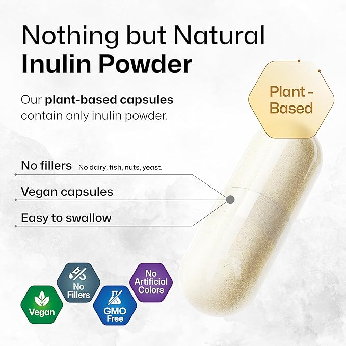 BIO KRAUTER Inulin Powder Capsules - 1200 mg Strength - 100 Count - Fiber Supplement - Chicory Root Fiber Capsules for Digestive Support - Pure Soluble Fiber Supplements - Vegan Inulin Capsules