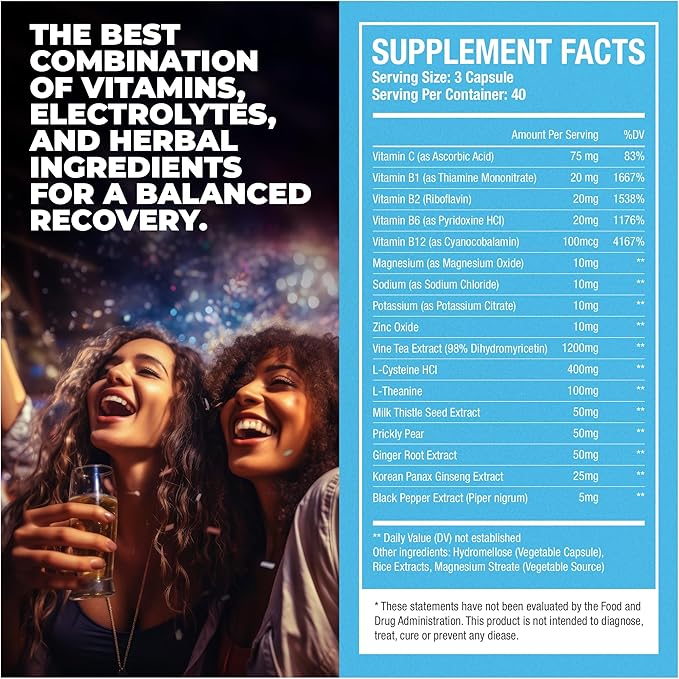 After Drinking Aid Supplement Pre Game Party Pills Electrolytes Hydration DHM Milk Thistle Weekend Recovery Vitamins Relief Formula Better Mornings Alcohol Liver Health Support 120 Capsules