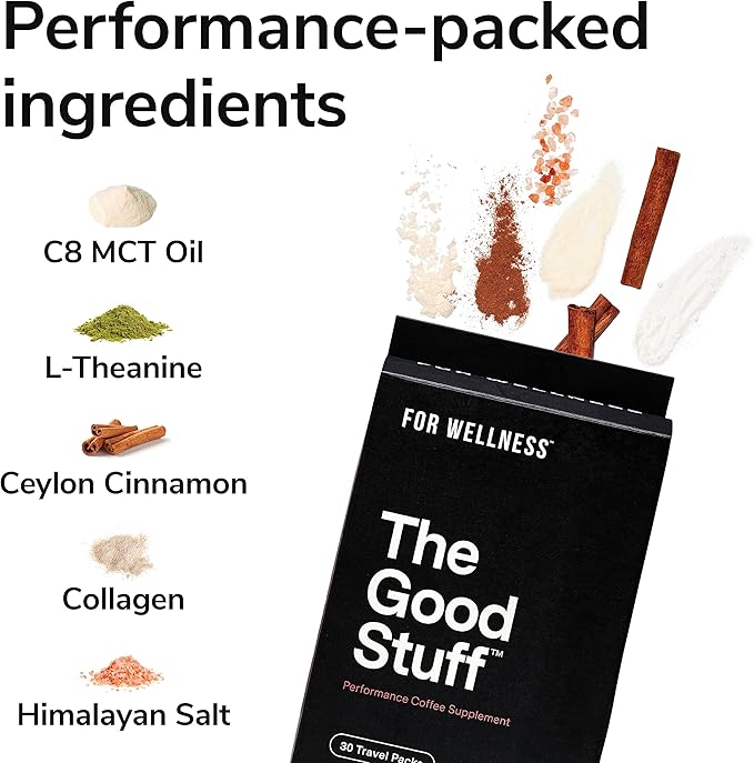 For Wellness The Good Stuff™ Performance Blend (30 Travel Packets), Non-Dairy Coffee Supplement with Collagen, L-Theanine and Himalayan Pink Salt – Improves Focus and Increases Energy