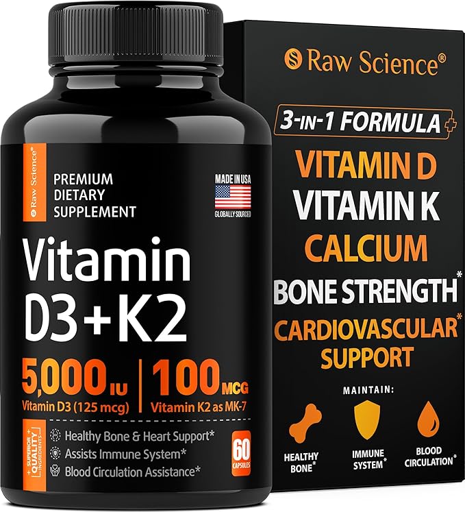 Vitamin D3 K2 Calcium Supplement - Vitamin D 5000 IU + Vitamin K2 MK7 100 mcg, Bone Strength & Heart Health Supplements for Women & Men, D3K2 Teeth Vitamins with Bioperine, US-Made Non-GMO 60 Capsules
