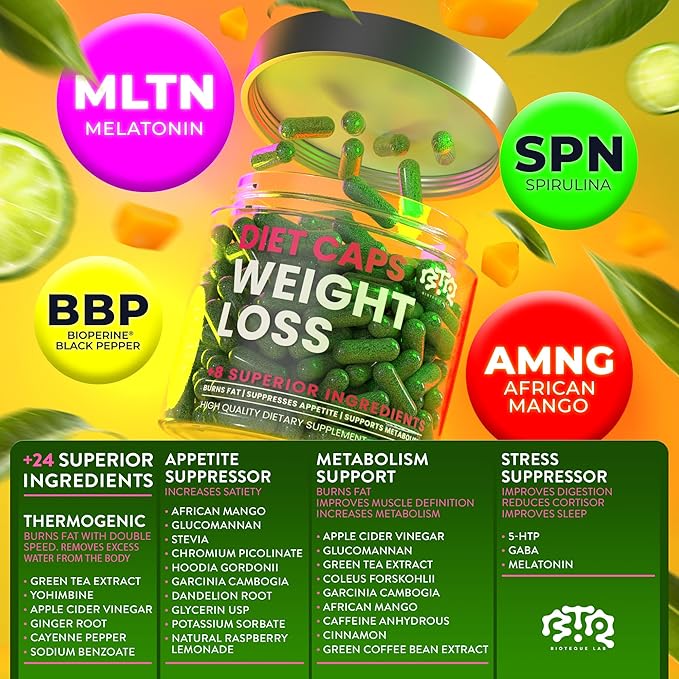Bioteque Lab Weight Loss Diet Capsules, Natural Appetite Suppressant, Fat Burner for Women and Men with Apple Cider, Green Coffee Bean Extract, Cinnamon, Cayenne Pepper Metabolism Booster