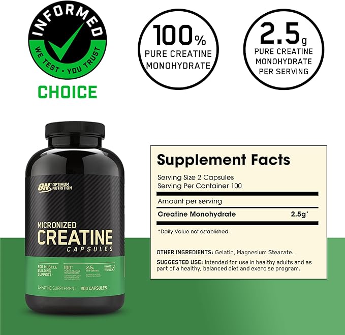 Optimum Nutrition Micronized Creatine Monohydrate Capsules, Keto Friendly, 2500mg, 200 Capsules (Packaging May Vary)
