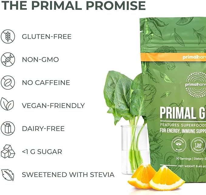 Primal Harvest Super Greens Powder, 30 Servings w/+50 Greens Superfood Chlorella, Probiotics, Green Tea, Wheatgrass, Kale, Turmeric for Energy,Primal Greens