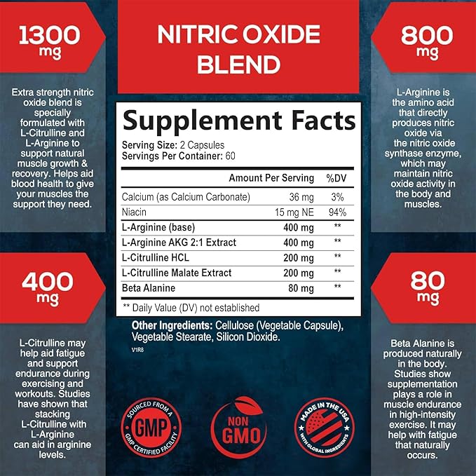 Extra Strength Nitric Oxide Supplement L Arginine 3X Strength - Citrulline Malate, AAKG, Beta Alanine - Premium Muscle Supporting Nitric Booster for Strength & Energy to Train Harder - 120 Capsules