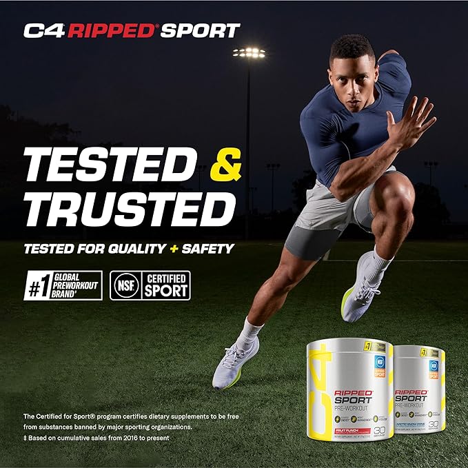 C4 Ripped Sport Pre Workout Powder Arctic Snow Cone - NSF Certified for Sport + Sugar Free Preworkout Energy Supplement for Men & Women - 135mg Caffeine + Weight Loss - 30 Servings