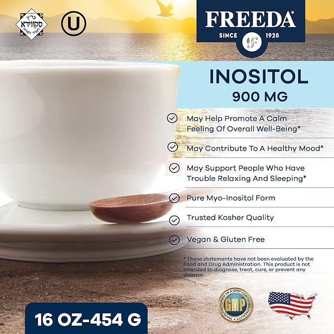 FREEDA Inositol Powder from Myo-Inositol - Hormone Balance for Women - PCOS Supplements for Women - Vitamin B8 Conception, Fertility Support - Myoinositol for Mood Improvement in Men & Women -16 oz