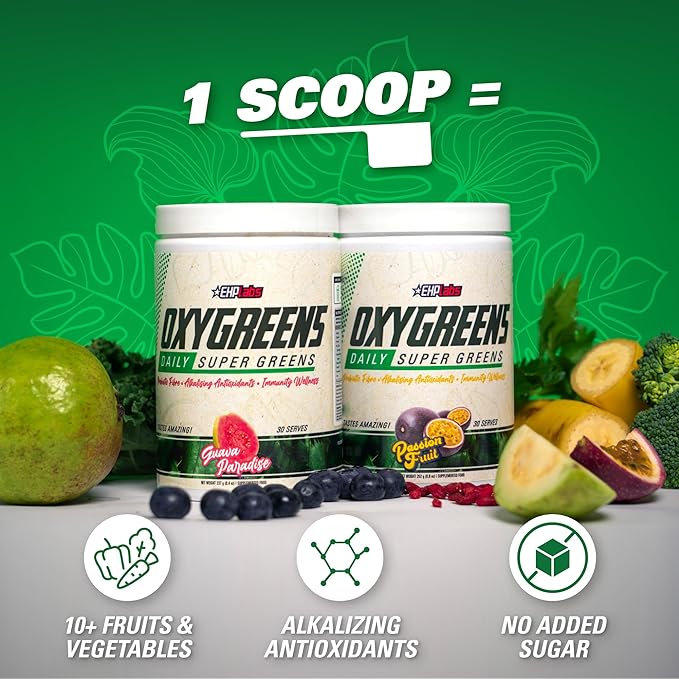 EHP Labs OxyGreens Super Greens Powder - Spirulina & Chlorella Superfood, Green Juice Powder & Greens Supplements with Prebiotic Fibre, Antioxidants & Immunity Support, 30 Serves (Guava Paradise)