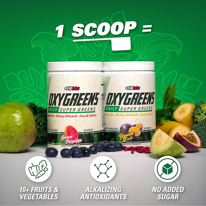 EHP Labs OxyGreens Super Greens Powder - Spirulina & Chlorella Superfood, Green Juice Powder & Greens Supplements with Prebiotic Fibre, Antioxidants & Immunity Support, 30 Serves (Strawb. Margarita)