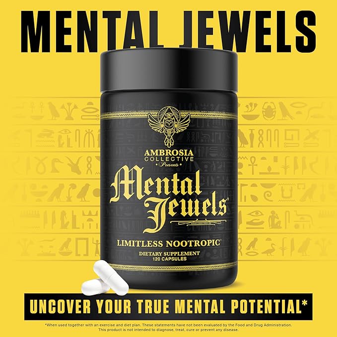 Ambrosia Mental Jewels (Capsules) - Cognitive Enhancer | Increase Memory, Communication Skills, Concentration & Focus | Alpha GPC, Choline, BaCognize | 120 Veggie Capsules (30 Day Supply)