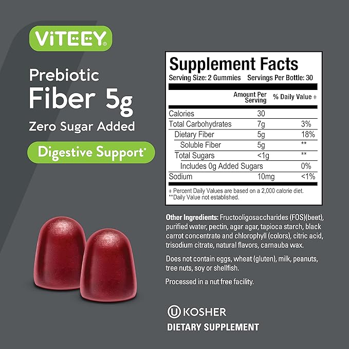 Prebiotic Fiber Gummies for Adults, 5g - Zero Sugar Added - Fiber Supplement Gummies for Digestive Health Regularity & Natural Weight Support - Vegan, Gelatin Free - Chewable Fruit Flavored Gummy