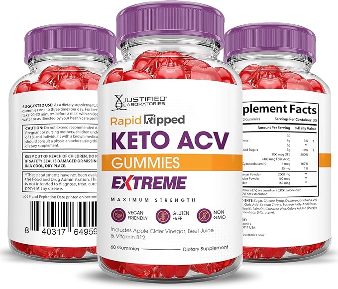 (5 Pack) Rapid Ripped Keto ACV Gummies Extreme 2000MG Rapidripped Keto Gummies Apple Cider Vinegar Formulated with Pomegranate Beet Juice Powder B12 Vegan Non GMO 300 Gummys