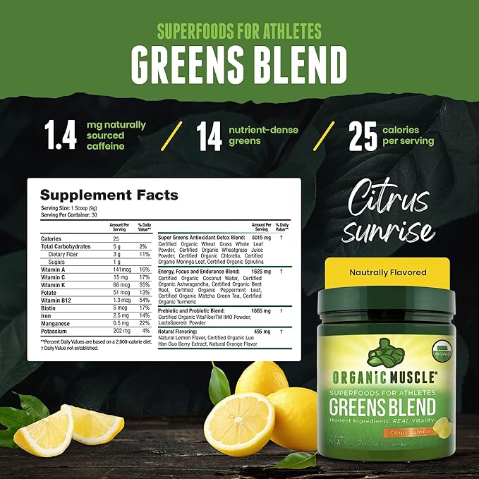 Organic Muscle Superfood Greens Powder Drink Mix - Organic Super Green Detox Supplement for Gut & Digestive Health with Spirulina, Chlorella, Probiotic & Prebiotic - Vegan & Non-GMO, 30 Servings
