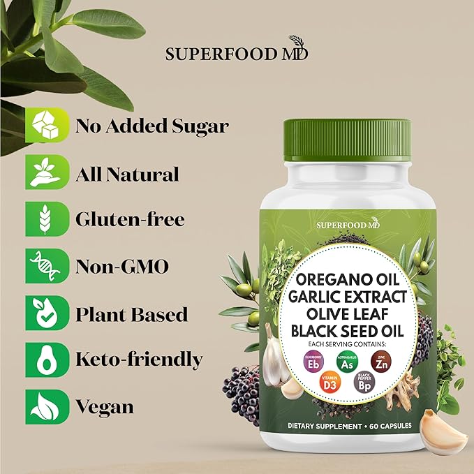 Oregano Oil 6000mg Garlic Extract 4000mg Olive Leaf 3000mg Black Seed Oil 3000mg Astragalus-Immune Support & Digestive Health Supplement for Women and Men- 120 Count