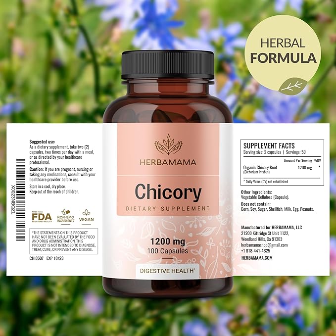 HERBAMAMA Chicory Inulin Capsules - 1200 mg Chicory Root for Digestive Health - Inulin Prebiotic Fiber Gut Health Supplement - Vegan, Non-GMO - 100 Caps