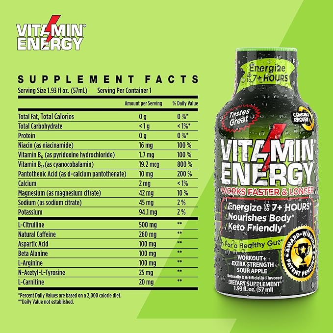 Vitamin Energy Pre Workout Drink - Keto Friendly Sugar Free Shots | Natural Clean Green Tea Caffeine with Proprietary Endurance Blend | Energize up to 7+ Hours - Sour Apple - 1.93 Fl Oz (Pack of 24)