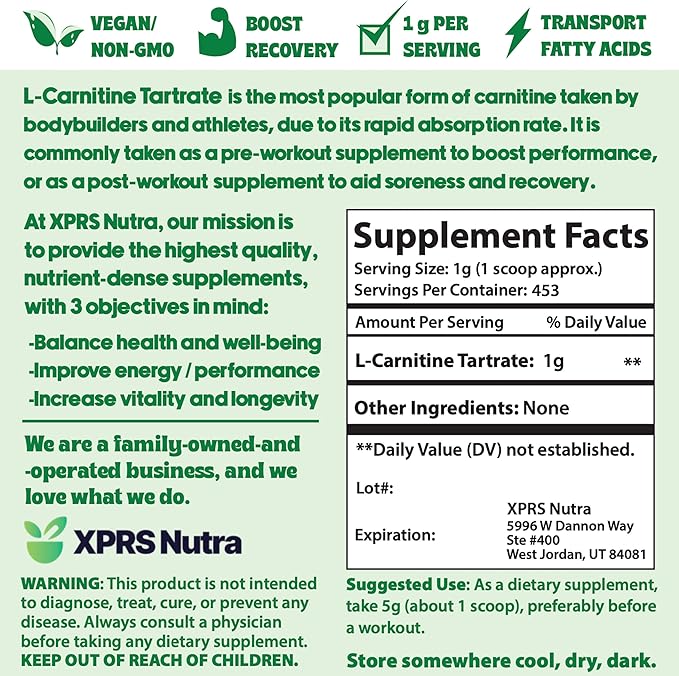 XPRS Nutra L Carnitine L Tartrate Powder - Premium Pure L Carnitine Tartrate - L-Carnitine Powder - Vegan Friendly Bulk L Carnitine Powder - Amino Acid L Carnitine Supplement (16 Ounce)