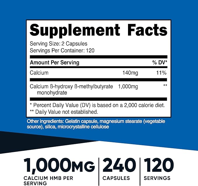 Nutricost HMB (Beta-Hydroxy Beta-Methylbutyrate) 1000mg (240 Capsules) - 500mg Per Capsule, 120 Servings - Gluten Free and Non-GMO