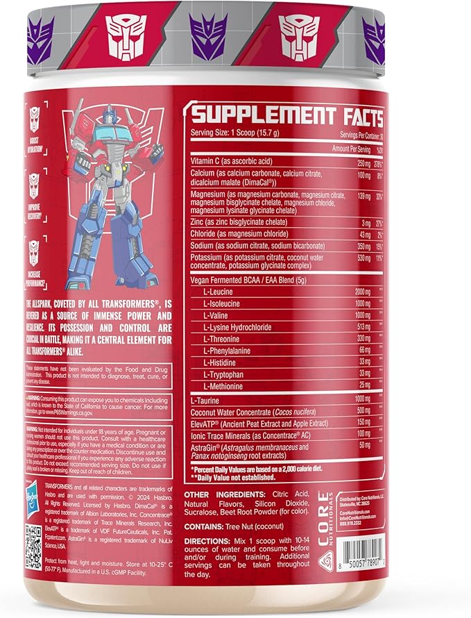 Core Nutritionals | Transformers Allspark Hydration BCAA/EAA Nutritional Supplement Formula (Free Prize Inside - Optimus Prime) - for Adults Ages 18+ (30 Servings, Mixed Berry Kiwi)
