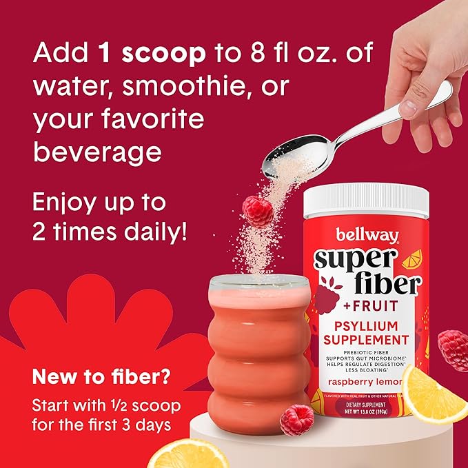 Bellway Super Fiber Powder + Fruit (5 Pack), Sugar Free Organic Psyllium Husk Powder Fiber Supplement for Regularity, Bloating Relief & Gut Health, Non-GMO, Plant-Based, Raspberry Lemon (250 Servings)