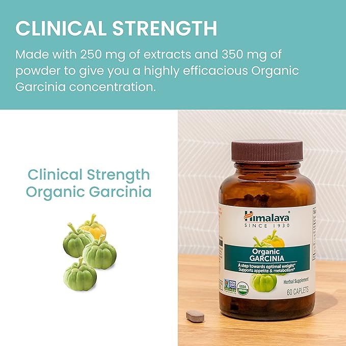 Himalaya Organic Garcinia Cambogia Herbal Supplement, Appetite Control, Lipid Metabolism, Weight Support, USDA Organic, Non-GMO, Vegan, 600 mg, 60 Plant-Based Caplets, 30 Day Supply