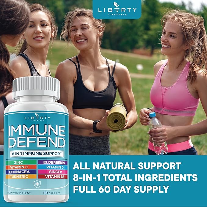 8 in 1 Immune Defense Support, Immunity Vitamins Supplement Booster with Zinc 50mg, Vitamin C Elderberry Vit D3 5000 IU, Turmeric Curcumin & Ginger, Echinacea - Allergy Relief for Kids Adults (2 Pack)