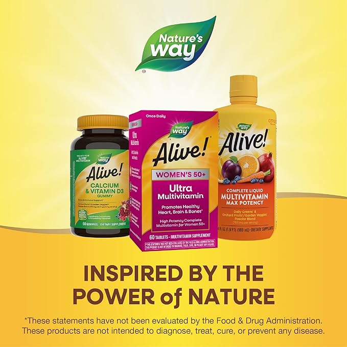 Nature’s Way Alive! Women’s 50+ Ultra Potency Complete Multivitamin, High Potency Formula, Promotes Healthy Heart, Brain, Bones*, with Methylated B12, Gluten-Free, 60 Tablets (Packaging May Vary)
