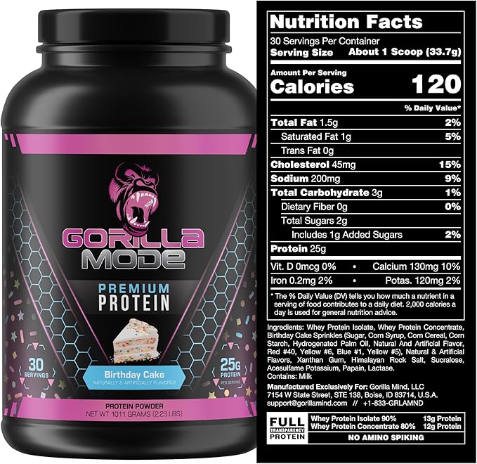 Gorilla Mode Premium Whey Protein - Birthday Cake / 25 Grams of Whey Protein Isolate & Concentrate/Recover and Build Muscle (30 Servings)