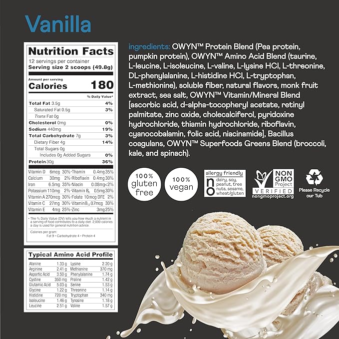 OWYN Only What You Need Pro Elite High Protein Powder, 30g Vegan Protein for Workout Recovery, Delicious Smooth Taste, Zero Sugar, Low Net Carbs, Vanilla, 12 Servings (1.32 LB)
