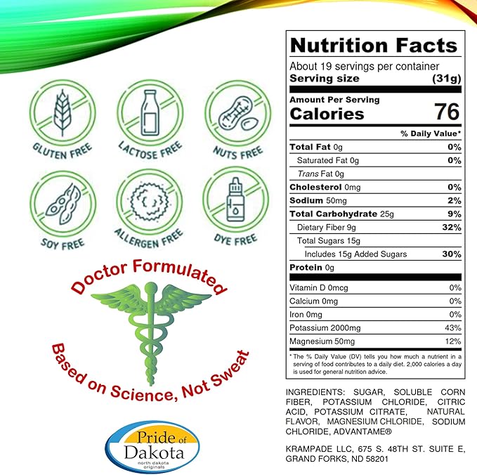 Fiber Supplement Electrolytes Powder - 9g Prebiotic Fiber + 2000mg Potassium Supplement + Magnesium | Cramp Relief | Hydration Packets| Digestive Health Support