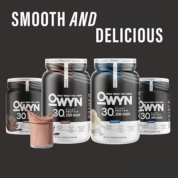 OWYN Only What You Need Pro Elite High Protein Powder, 30g Vegan Protein for Workout Recovery, Delicious Smooth Taste, Zero Sugar, Low Net Carbs, Chocolate, 12 Servings (1.32 LB)
