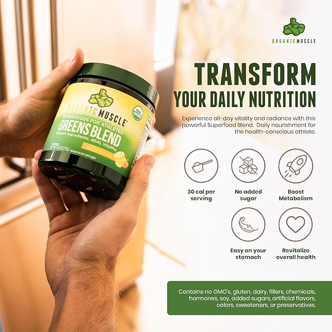 Organic Muscle Superfood Greens Powder Drink Mix - Organic Super Green Detox Supplement for Gut & Digestive Health with Spirulina, Chlorella, Probiotic & Prebiotic - Vegan & Non-GMO, 30 Servings