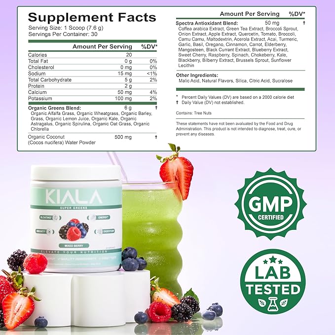 Kiala Nutrition Super Greens, Organic Greens Powder with Spirulina & Chlorella for Digestion, Gut Health, Immunity & Energy, Gluten Free, Vegan, Daily Support for Women, Mixed Berry, 30 Servings