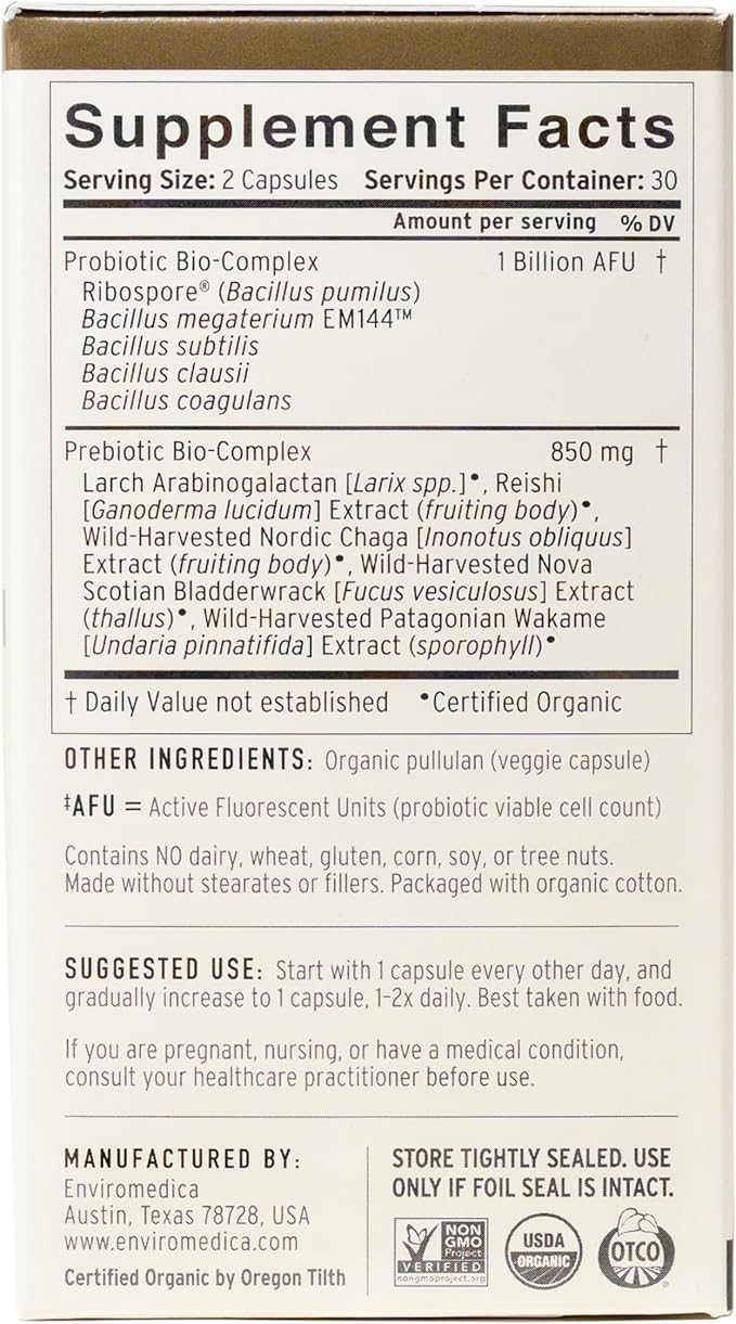 Terraflora Daily Care synbiotic of probiotics and prebiotics for Women and Men 60 ct, Soil Based, Shelf Stable, allergen Friendly Spore Based Supplement Capsules Promote Gut Health by Enviromedica