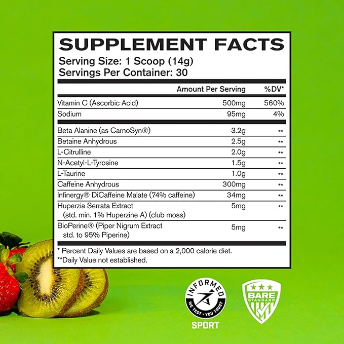 BARE PERFORMANCE NUTRITION BPN Flight Pre Workout, Supports Energy and Mental Focus, Improved Endurance & Muscle Pumps with CarnoSyn® Beta Alanine, Strawberry Kiwi, 30 Servings